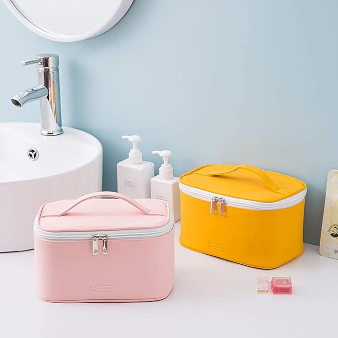 Meiyuuo Travel Makeup Bag for Women, PU Leather Cosmetic Bag, Yellow