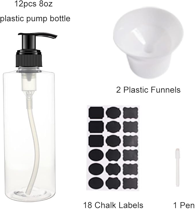 BPFY 12 Pack 8 oz Plastic Pump Dispenser Bottles for Massage Oil, Shampoo, Lotions, Body Wash Pump Bottles, Cream Refillable Containers with Pump, 2 Funnel, 18 Chalk Labels