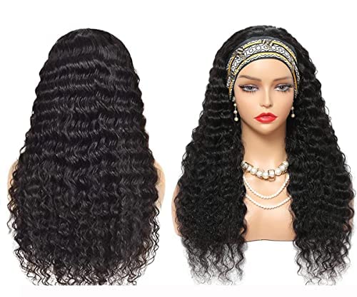 Aiterina Headband Wig deep wave human hair wigs for Black Women Brazilian Remy Hair Glueless Non Lace Front Wig 150% Density Natural Color (28 inch, Headband Wig Deep Wave)