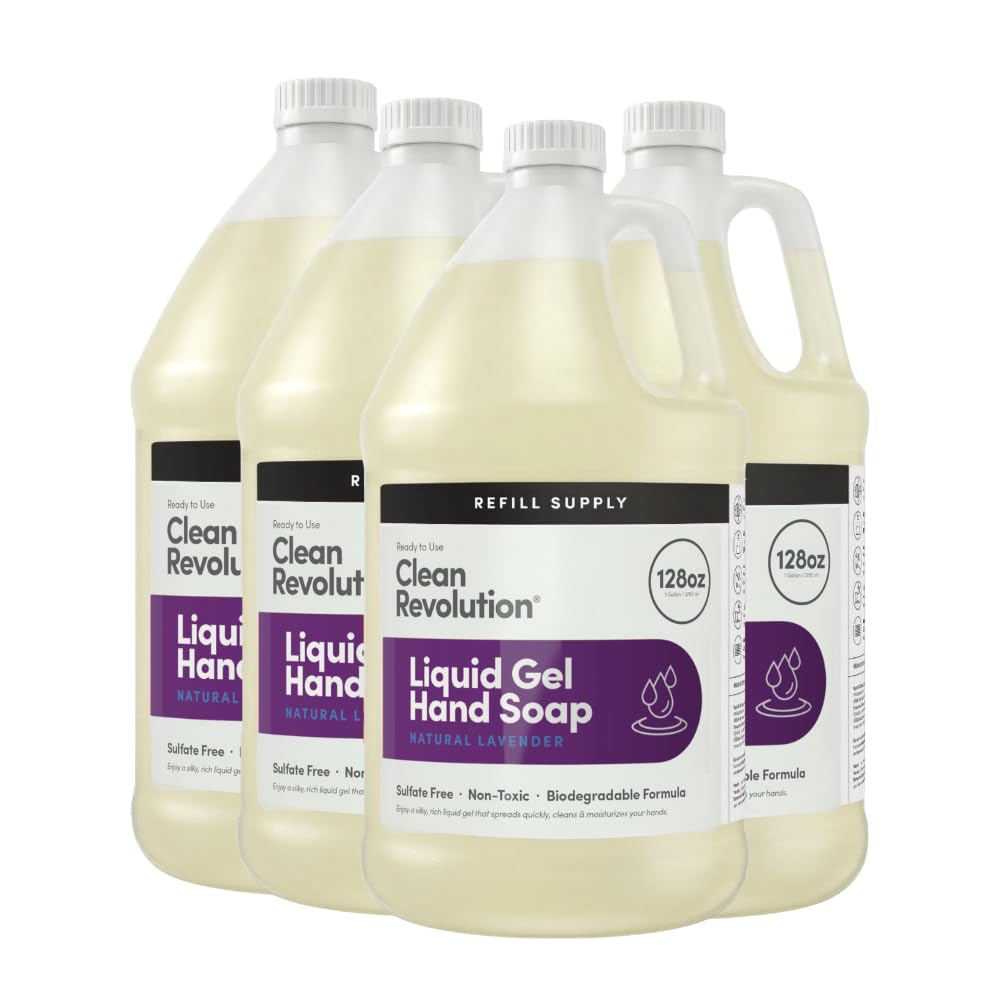 Clean Revolution Liquid Gel Hand Soap Refill with Real Essential Oils – Sulfate-Free Gel Hand Wash, Moisturizing Bulk Refill, Non-Toxic Formula, Made in the USA(Natural Lavender) 128 Fl Oz, 4 Pack