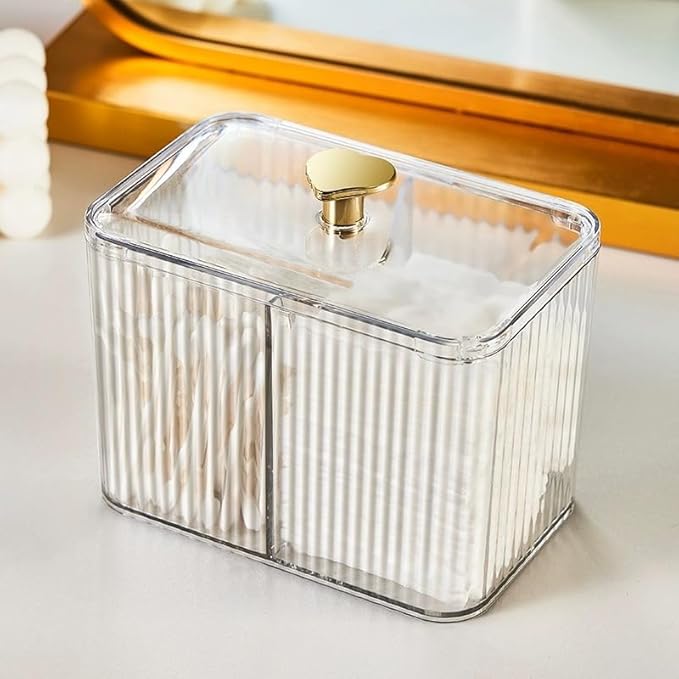 WIWIUXY Qtips Holder Bathroom Container,3-Section Cotton Ball/Swabs Dispenser,3 Grids Apothecary Jar Organizer, Cosmetics Storage for Vanity