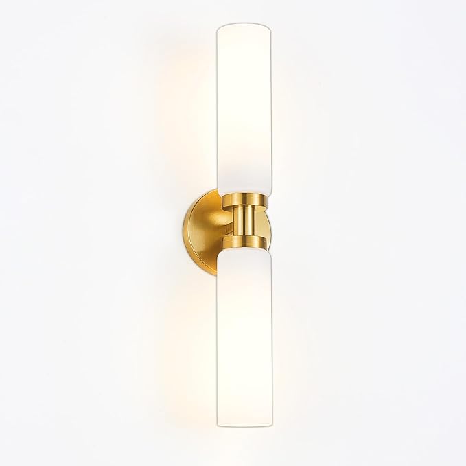 2 Light Brushed Brass Gold Bathroom Light Fixture Over Mirror, Modern Farmhouse Bathroom Vanity Lights with Milky White Frosted Glass Shade, Wall Sconce for Hallway Cabinet Bedroom Porch
