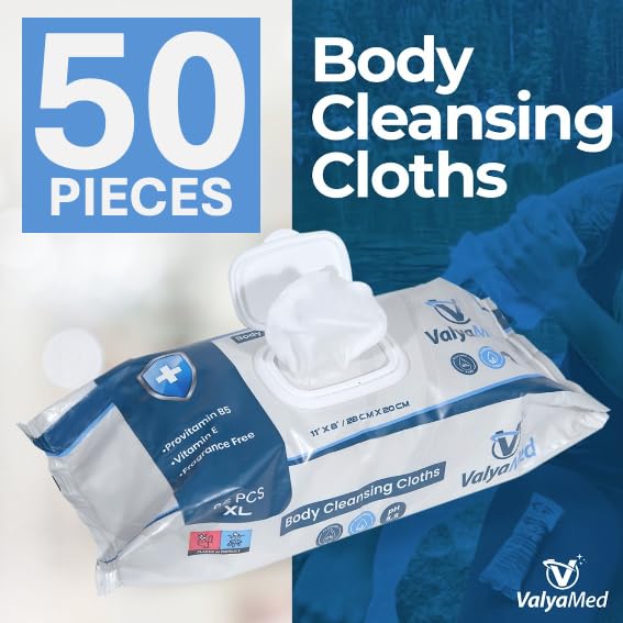ValyaMed Body Wipes for Adults, XL Body, Elderly, Alcohol-Free Incontinence, Paraben Free, Fragrance-Free with Vitamin E and Provitamin B5, 11 x 8 Inches, 50 Count