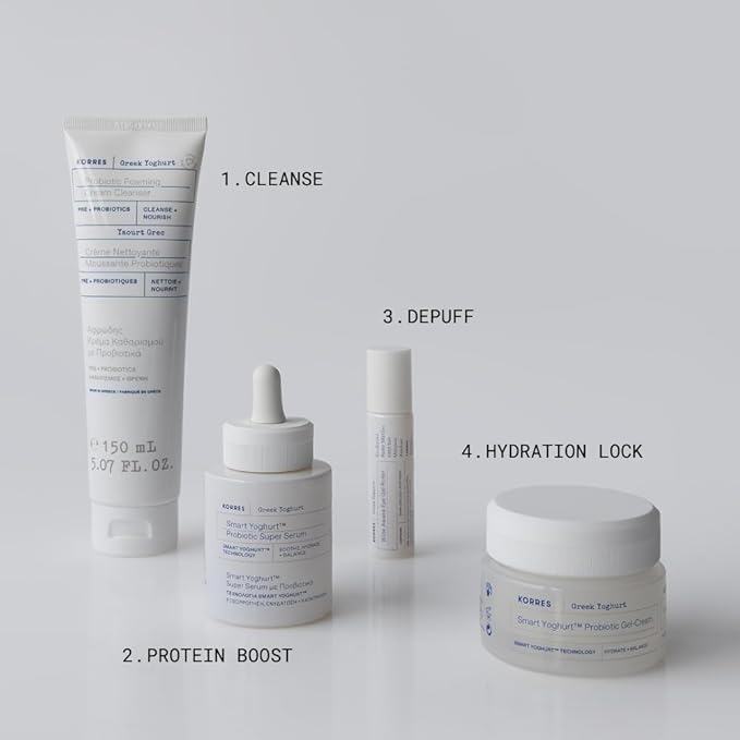 KORRES Protein Facial Kit, 4-Step Ritual with Greek Yoghurt Foaming Cleanser, Probiotic Super Serum, Wide Awake Under Eye Gel, & Probiotic Gel Cream, 4 Full Size Products