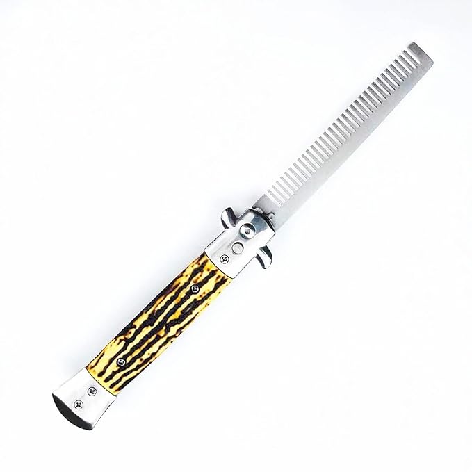 Folding Pocket Comb, Stainless Steel Beard Comb for Men, Switchblade Fine Tooth Mustache Combs Designed for Hair Salon Beauty Tool (Bone)