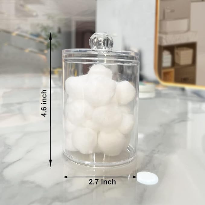 WISIEW 4 Pack Qtip Holder Dispenser for Cotton Ball, Swab, Round Pads, Floss - 10 oz Clear Plastic Apothecary Jar Set for Bathroom Canister Storage Organization, Vanity Makeup Organizer