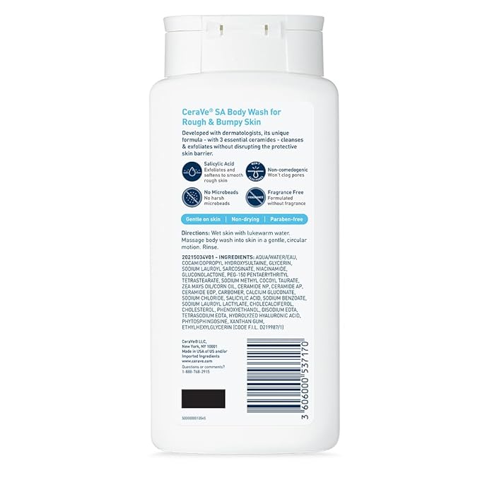 CeraVe Body Wash with Salicylic Acid, Fragrance Free Body Wash to Exfoliate Rough and Bumpy Skin, Allergy Tested, 10 Ounce