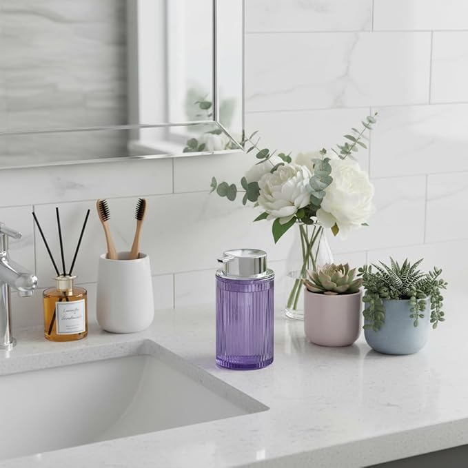 Tonxus Foaming Soap Dispenser, 12 Oz Purple Glass Foam Hand Soap Dispenser, Refillable Glass Foam Pump Bottle Container Decorative Slim Ribbed Bottle for Bathroom and Kitchen
