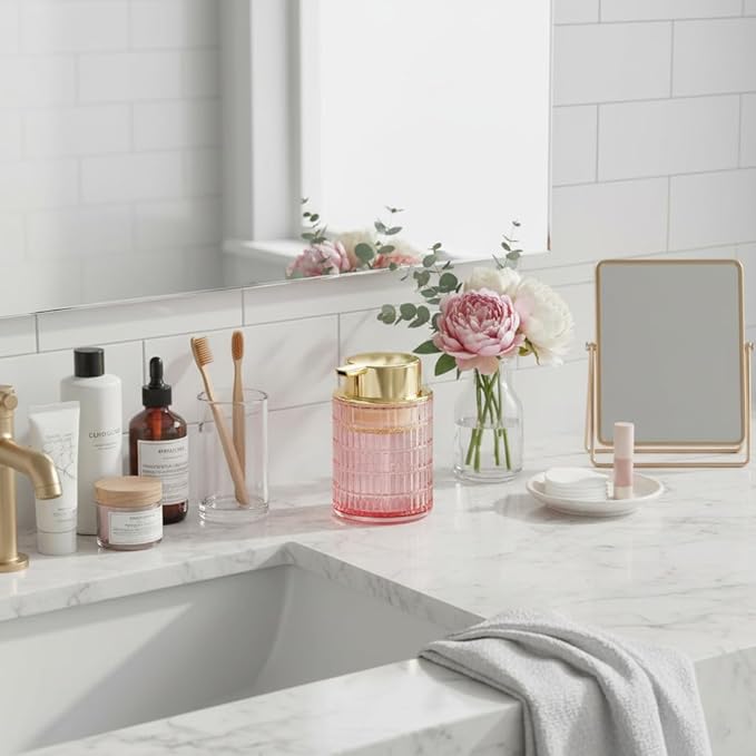Tonxus 2pcs Foaming Soap Dispenser, Pink Glass Foam Soap Dispenser for Bathroom and Kitchen, 10 Oz Refillable Foaming Pump Bottle with Large Pump, Ribbed Bottle Container Decor