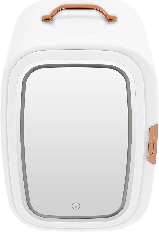 REHOUPTU Cosmetic Fridge with LED Mirror & Adjustable Shelves, 12V/110V Mini Skincare Refrigerator for Bedroom, Vanity, Office, 4 Gal, Gift for Women (White)