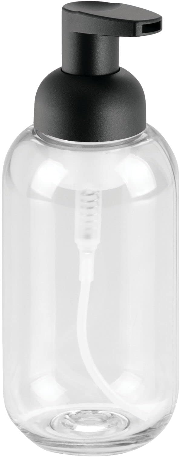 mDesign Round Plastic Refillable Foaming Soap Dispenser Pump Bottle for Bathroom Vanity Countertop - Vintage-Inspired, Compact Container Design - Twain Collection - 2 Pack - Clear/Matte Black