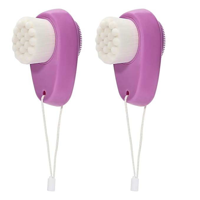 Facial Cleansing Brush 2 Pack, 2 in 1 Silicone Face Scrubber for Men Exfoliating Pore Deep Cleansing, Dual Sided Face Wash Brush with Soft Bamboo Charcoal Microfiber and Lid for Women, Purple