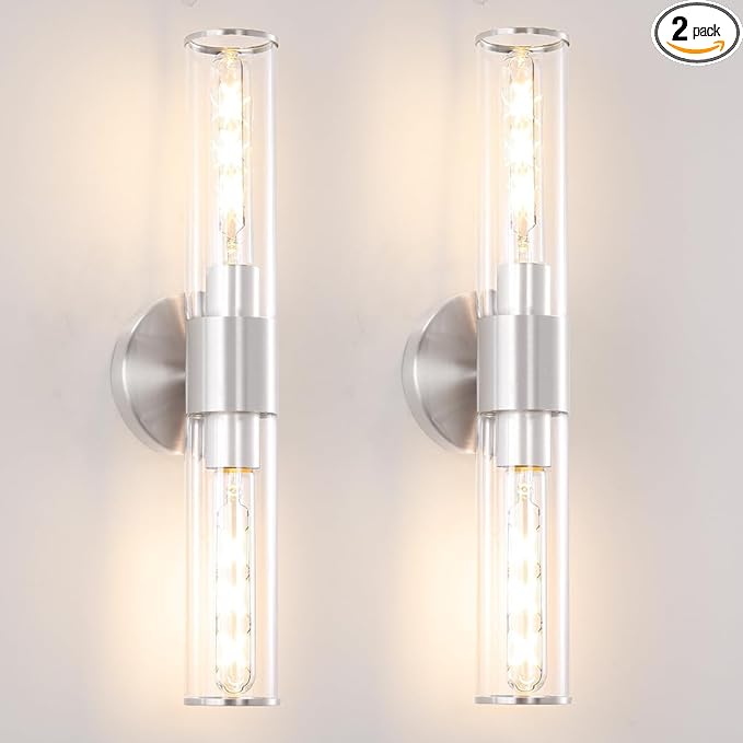 Brushed Nickel Bathroom Sconces Set of 2, Modern Wall Sconce Lighting with Clear Glass, Harded Wired Wall Sconces Set of Two, Wall Light Fixtures over Mirror, Sconces Wall Lighting for Laundry, Porch
