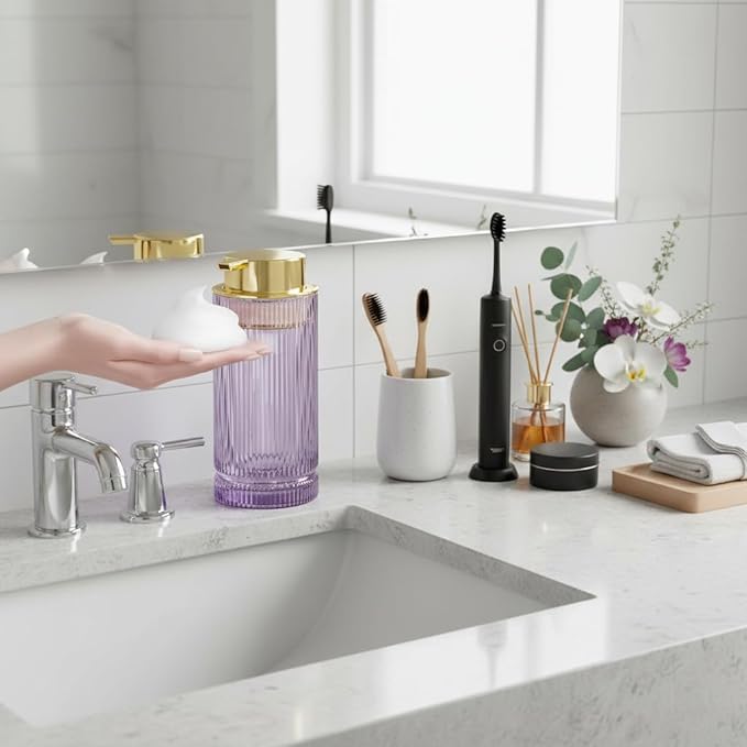 Tonxus Foaming Soap Dispenser, 14 Oz Glass Foam Hand Soap Dispenser with Gold Pump, Purple Bathroom Refillable Liquid Lotion Pump Container Ribbed Bottle for Kitchen Countertop Decor