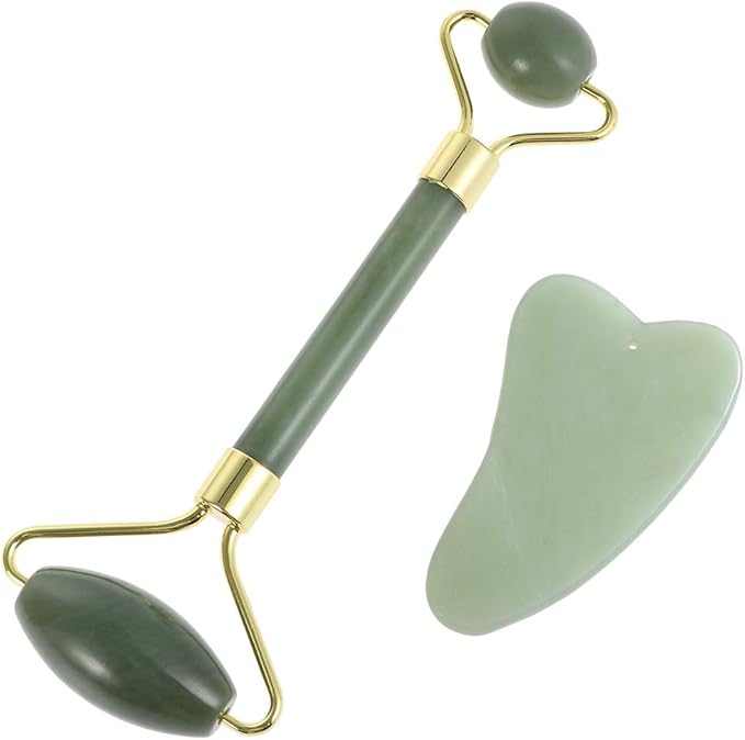 rosenice Jade Stone Gua Sha Facial Massage Tool Set Face Massager Roller and Scraping Plate for Neck Face and Daily Skin Care Routine Green Set 5.90 X 1.96 X 1.18 in