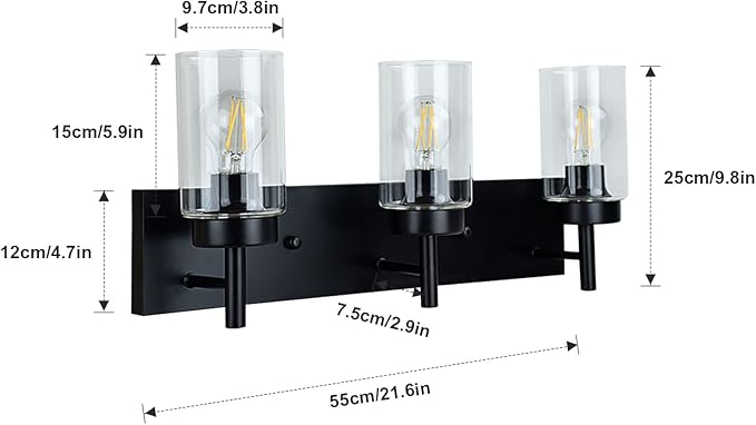 DLLT Wall Light Fixture, Vintage Bathroom Vanity Light with 3 Clear Glass Shade, Wall Sconces Lamp for Powder Room, Hallway, Kitchen, Mirror, Laundry Room (E26 Base)