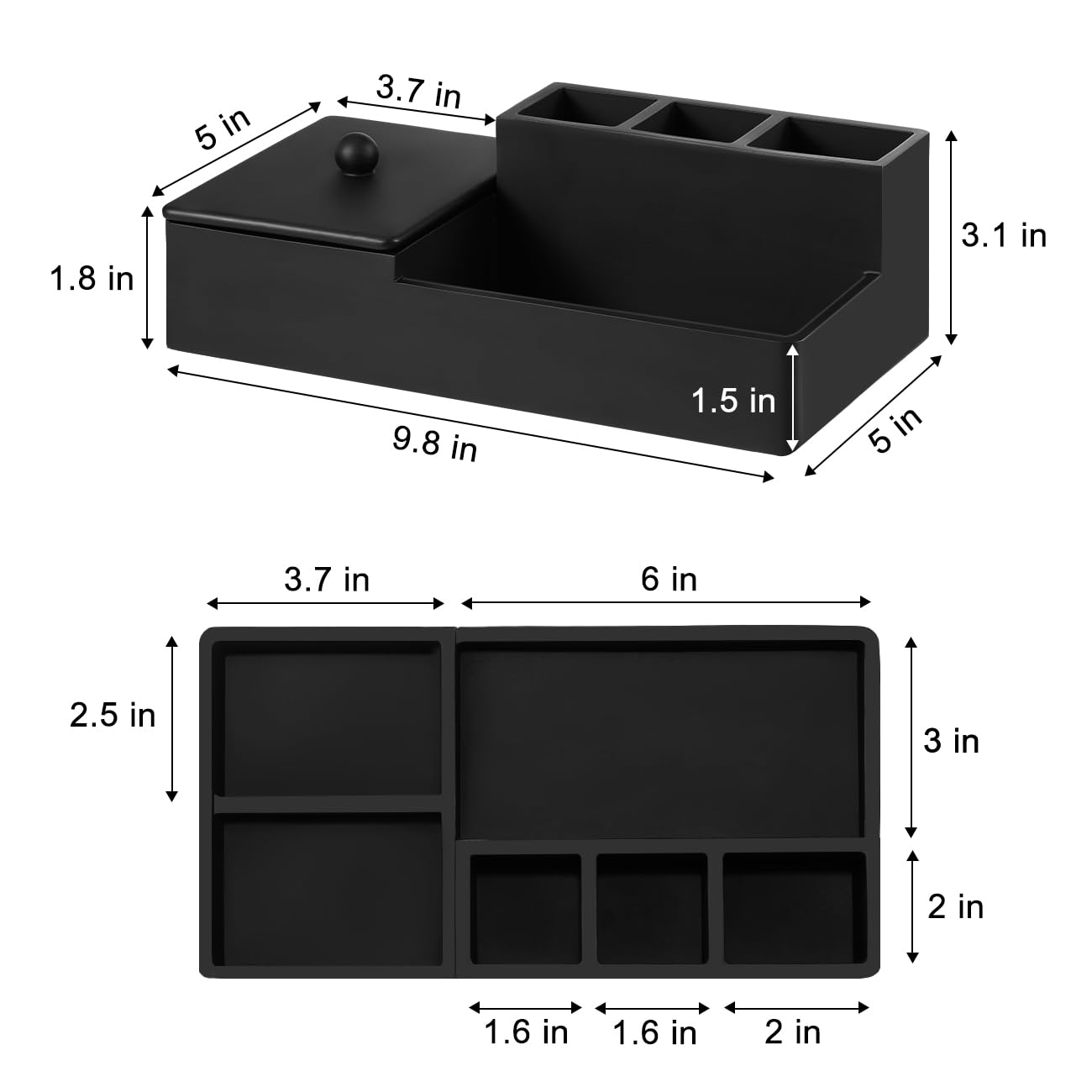 Luxspire Bathroom Counter Organizer, Marble Toothbrush Holder for Bathroom 6 Slot, Bathroom Vanity Organizer with Lid, Bathroom Organizer Countertop for Cotton Ball, Q-Tips, Floss, Matte Black