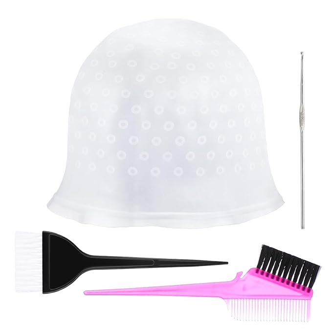 Sibba Hair Highlighting Cap with Punch Holes, Reusable Silicone Hair Coloring Highlight Cap Professional Dye Caps Set with Hook Needle Dual Combs for Home Salon Coloring Frosting