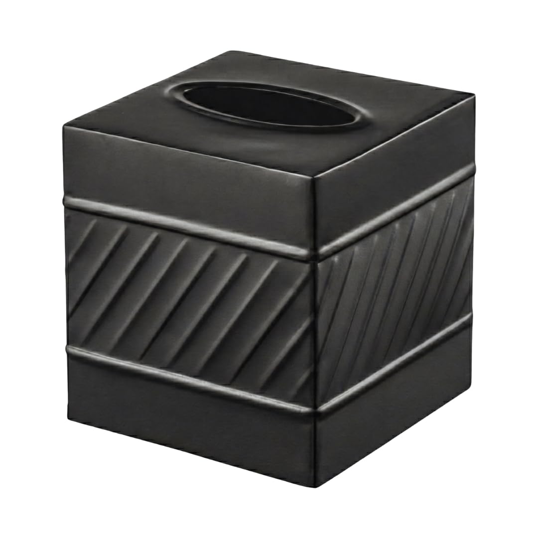 Monarch Abode Tissue Box Cover Square – Handcrafted Wave Embossed Black Metal Tissue Holder Box for Bathroom Accessory, Aesthetic Decorative Facial Napkin Cube for Modern Home Decor
