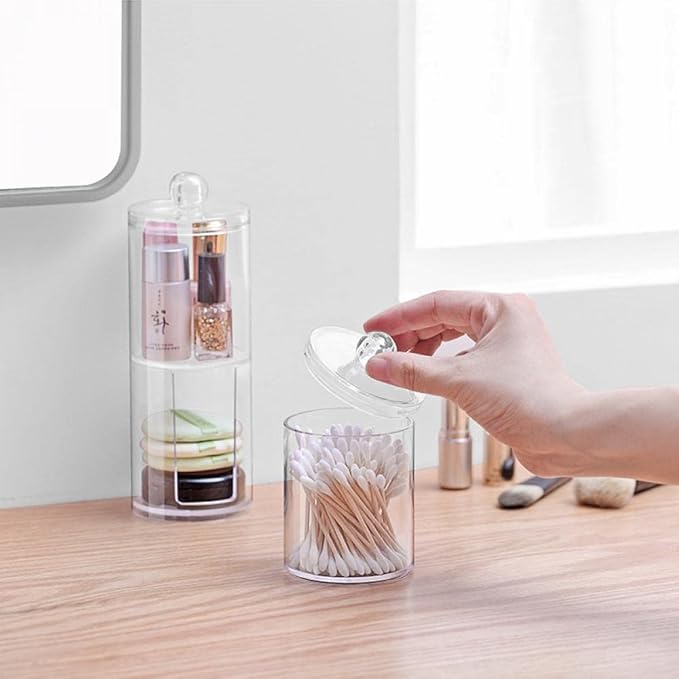 Sizikato Clear Acrylic Q-Tip Holder for Bathroom, Round Cotton Swab Dispenser with Lid
