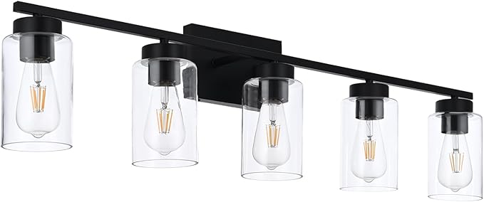 A1A9 5 Light Bathroom Vanity Light Fixtures, Matte Black Modern Wall Lights with Clear Glass Shade, Vintage Wall Sconce Lighting for Living Room, Mirror, Bedroom, Hallway (Black, 5-Lights)