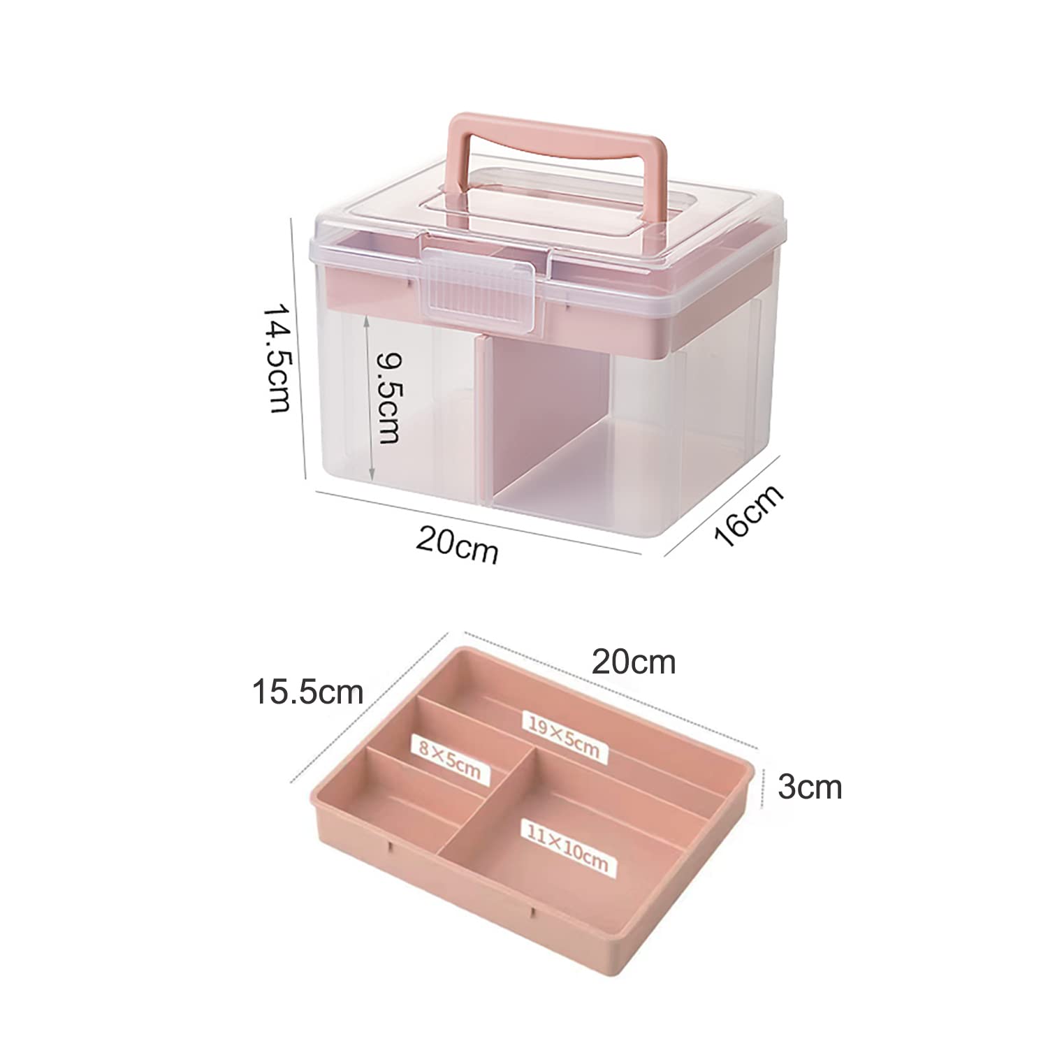FOREVERIE Small Portable Plastic Storage Box for Beauty Ornaments Hair Nail Accessories, Cosmetic Case with Handle & Removable Tray & a Divider, Sewing Box Organizer, Kids Art Box (Clear & Pink)