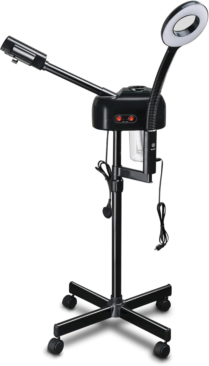 Professional Facial Steamer,2 in 1 Facial Steamer on Wheels,for Personal Skin Care Deep Cleaning,with 3X Magnifying Lamp,for Spa, Salon and at Home Use (Black)