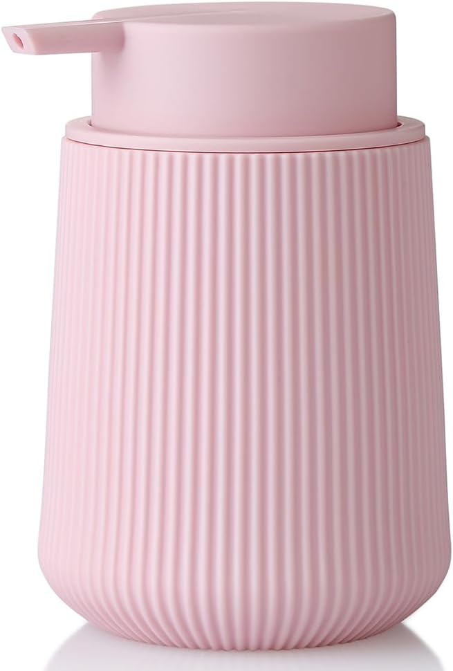 YAUKPH Striped Liquid Hand Soap Dispenser with Leak-Proof Pump for Bathroom and Kitchen Countertop 11 oz Pink