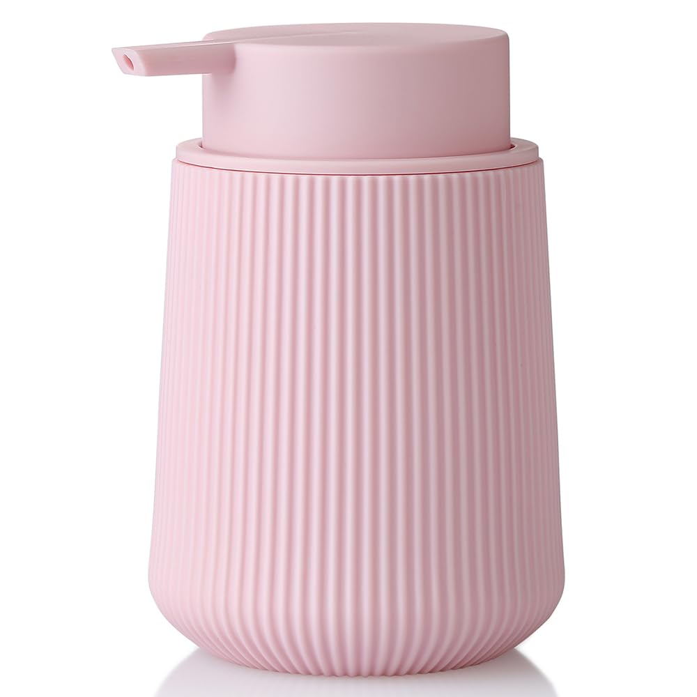 YAUKPH Striped Liquid Hand Soap Dispenser with Leak-Proof Pump for Bathroom and Kitchen Countertop 11 oz Pink