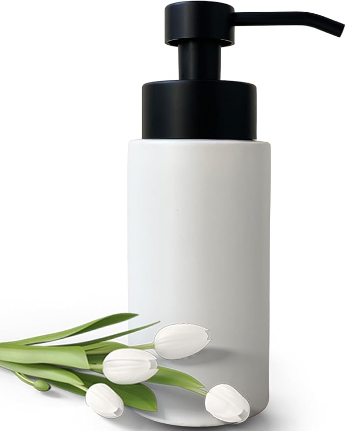UNBONSOUHAIT 9.5 Oz Foaming Soap Dispenser for Bathroom,Kitchen Foam Soap Dispenser,Refillable Modern Foam Pump Bottle,Black Ceramic Foaming Hand Pump Dispenser (White)