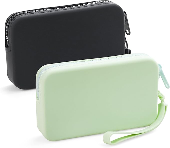 Silicone Period Bags, 2 Pcs Tampon Holder for Purse with Zipper & Handle, Sanitary Napkin Storage Bag for Purse, Keeping Discreet Feminine Products, Black and Green