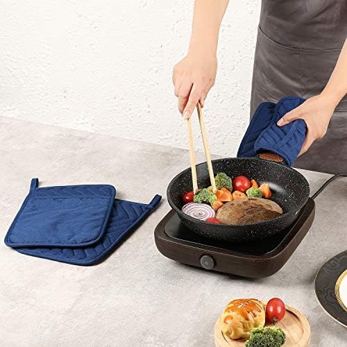 VEIKERY Oven Pot Holder with Pocket Cotton Heat Resistant Coaster Potholder Kitchen Hot Pad Oven Mitts for Cooking Square 7"x9"Set of 5 (Blue)