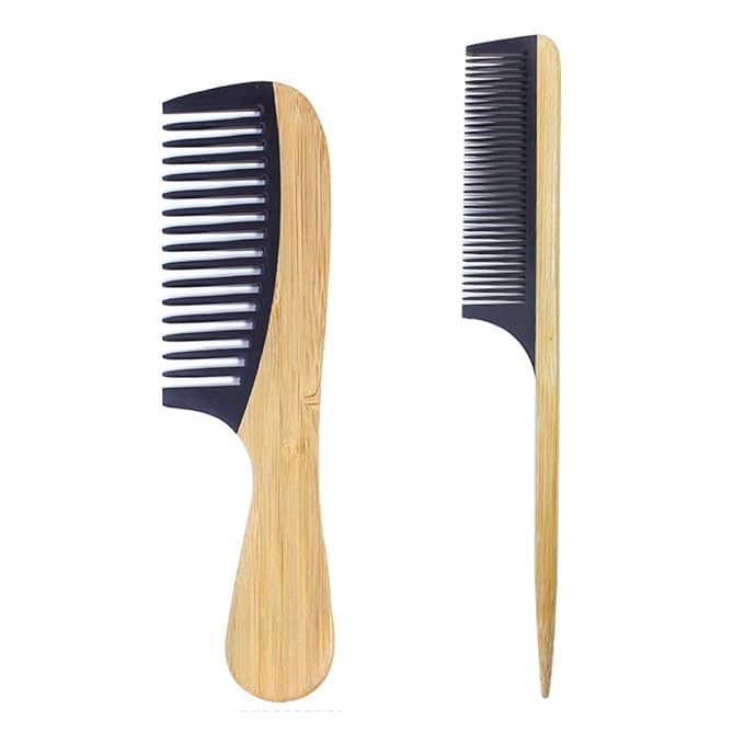 2PCS Natural Handmade Bamboo Hair Combs for Women Men, Anti-Static for All Hairstyles & Beard