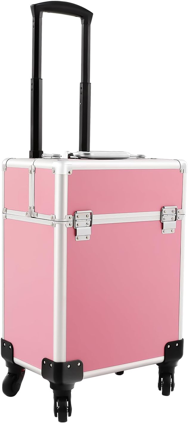 KHROOLT Rolling Makeup Train Case, Large Aluminum Alloy Cosmetic Trolley Case with Wheels & Retractable Handle, Lockable Storage for Makeup Artists, Lash Techs, Travel, Pink