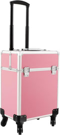 KHROOLT Rolling Makeup Train Case, Large Aluminum Alloy Cosmetic Trolley Case with Wheels & Retractable Handle, Lockable Storage for Makeup Artists, Lash Techs, Travel, Pink