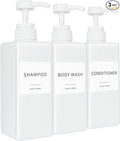 Shampoo and Conditioner Dispenser, Refillable Plastic Shampoo Pump Bottles with Waterproof Labels, Empty Body Wash Dispenser Set for Bathroom, Shower Soap Bottles (White, Set of 3, 16.9oz)