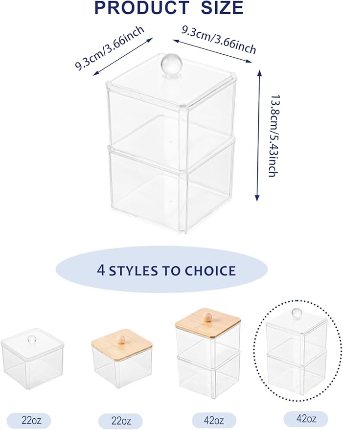 VIPTUVI Cotton Swab Holder with Clear Lid, Double Layer Stackable Apothecary Jar for Bathroom Vanity, Cotton Ball Container & Floss Pick Organizer, Dispenser for Hair Tie & Cotton Rounds.