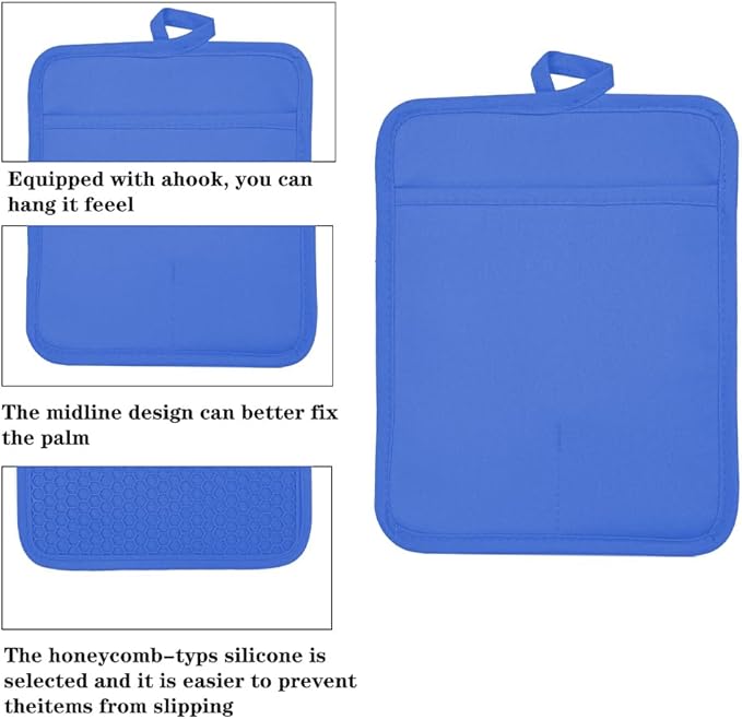 VEIKERY Oven Pot Holder with Pocket Cotton Heat Resistant Coaster Potholder Kitchen Hot Pad Oven Mitts for Cooking and Baking Square 7"x9" (Klein Blue, Silicone)