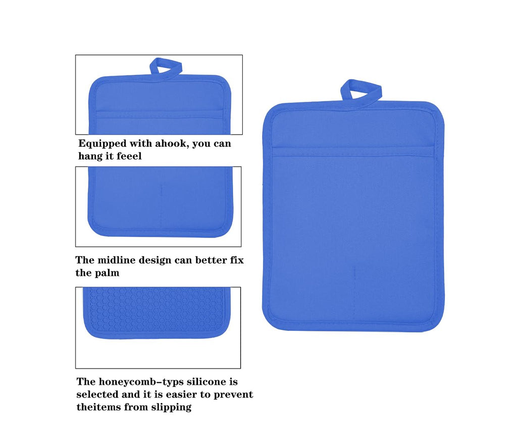 VEIKERY Oven Pot Holder with Pocket Cotton Heat Resistant Coaster Potholder Kitchen Hot Pad Oven Mitts for Cooking and Baking Square 7"x9" (Klein Blue, Silicone)