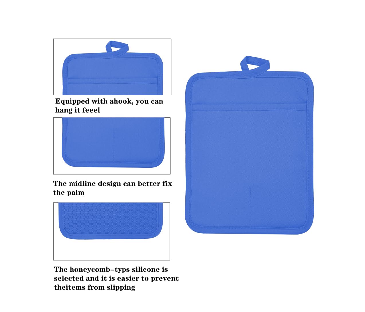VEIKERY Oven Pot Holder with Pocket Cotton Heat Resistant Coaster Potholder Kitchen Hot Pad Oven Mitts for Cooking and Baking Square 7"x9" (Klein Blue, Silicone)