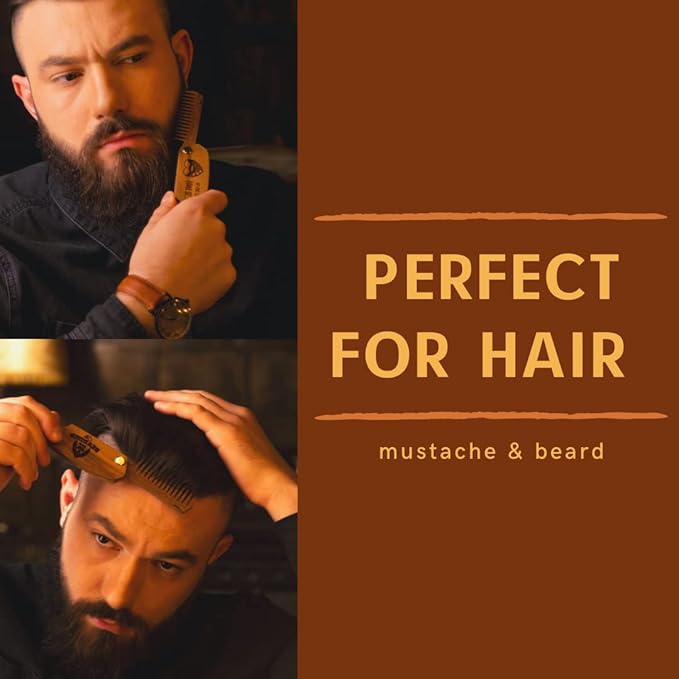 Beard Comb for Men Pocket Folding Combs for Mustache & Hair Travel Natural Wooden Comb with Real Man Engraving - Perfect for Use w/Beard Balm Oil (Wavy Half Skull) (Model RM)