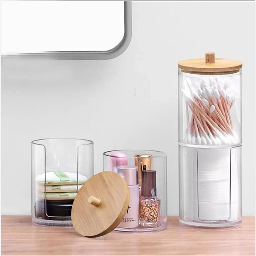 WJASI Qtip Holder Dispenser with Cotton Pads Jar Set Bamboo Lid Stackable Bathroom Counter Acrylic Organizer to Storage Cotton Ball Cotton Swab and Bath Salts