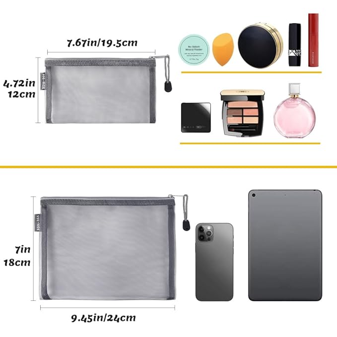 besharppin 6 Pack Mesh Cosmetic Bags, Nylon Makeup Pouches with Zipper for Home Office Purse Diaper Bag (Grey)