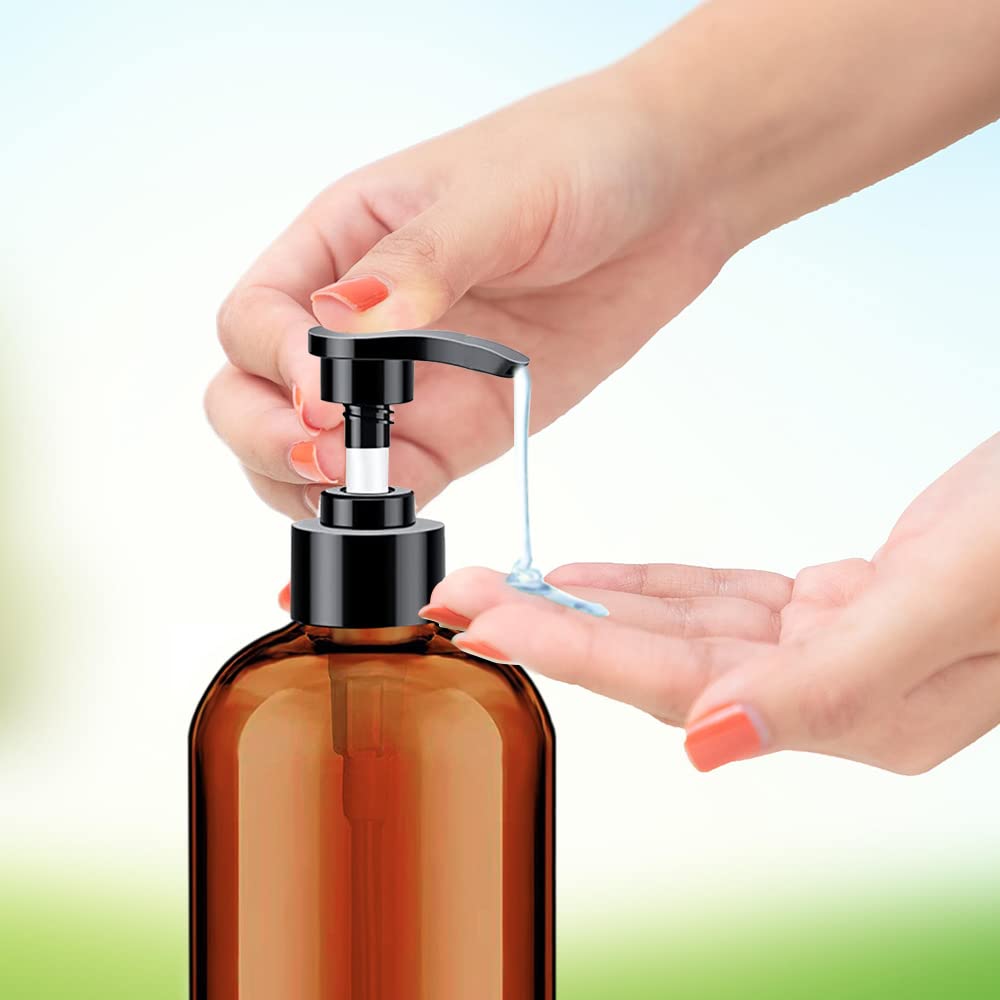Soap Dispenser with Rust Proof Pump, Waterproof Labels (2 Pack,16 Oz) Bathroom, Plastic Hand Dish Soap Dispenser for Kitchen, Premium Thick Soap Pump Bottles (Amber)