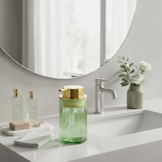 Tonxus Foaming Soap Dispenser, Bathroom Green Glass Foam Soap Dispenser, Refillable 12 Oz Foam Pump Bottle Container with Gold Pump, Decorative Slim Ribbed Dish Soap Dispenser for Kitchen