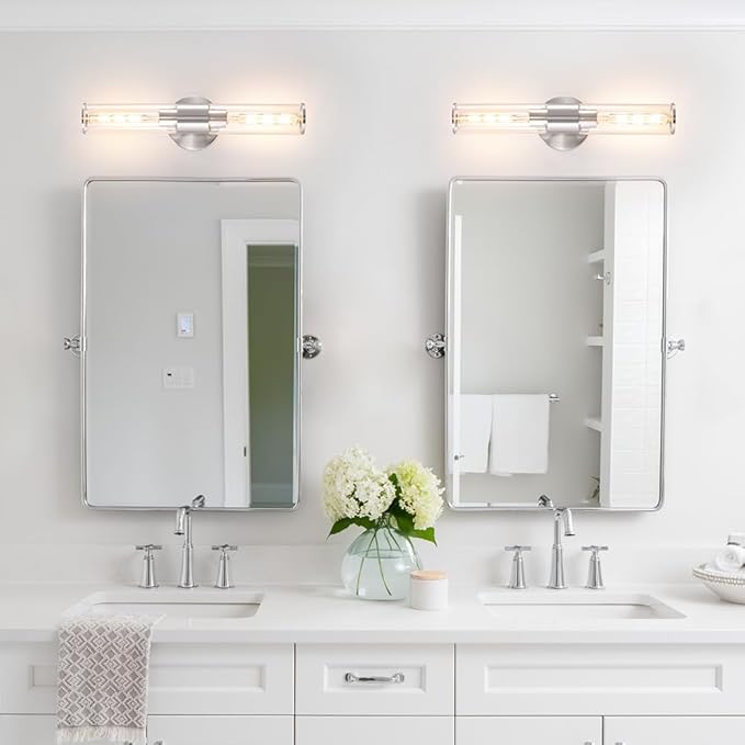 Brushed Nickel Bathroom Sconces Set of 2, Modern Wall Sconce Lighting with Clear Glass, Harded Wired Wall Sconces Set of Two, Wall Light Fixtures over Mirror, Sconces Wall Lighting for Laundry, Porch