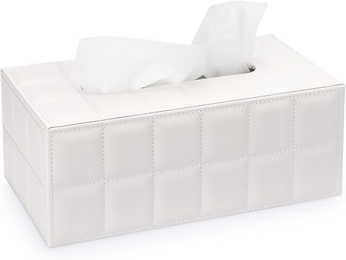 Sumnacon Rectangular Leather Tissue Box Cover - Stylish Tissue Box Holder with Magnetic Bottom, Decorative PU Tissue Box for Vanity Dresser Night Stand Table Countertop Home Office Car,Grid White