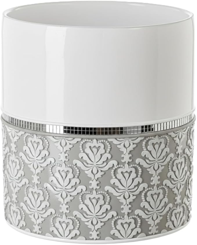 Mirror Damask White & Gray Small Oval Bathroom Trash Can 1.6 Gal / 6L