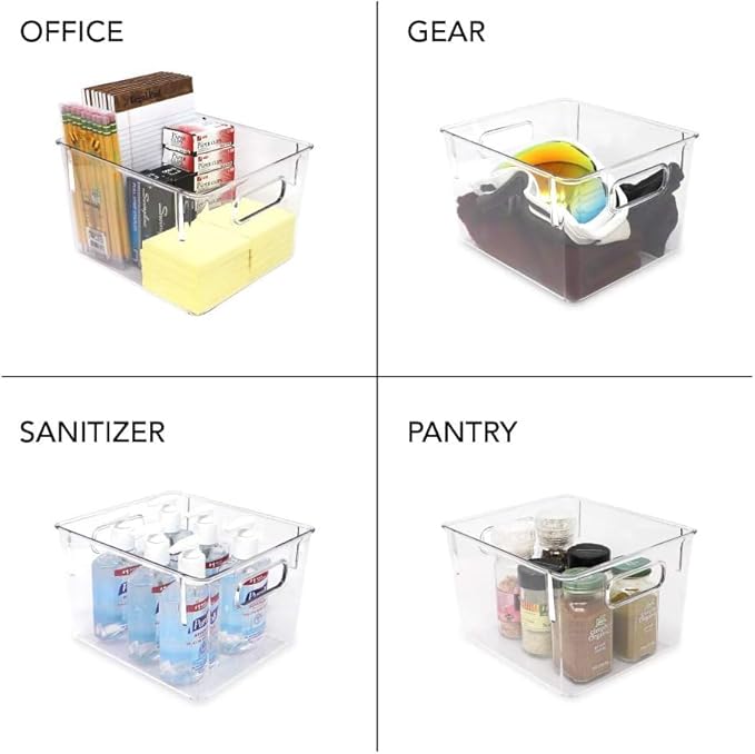 4-Pack Clear Plastic Storage Bins with Handles (8.7"x7.5"x6") – Compact Organizers for Fridge, Freezer & Pantry – Non-Slip Food Safe Containers for Snacks, Yogurt, Spices, Makeup & Office Supplies