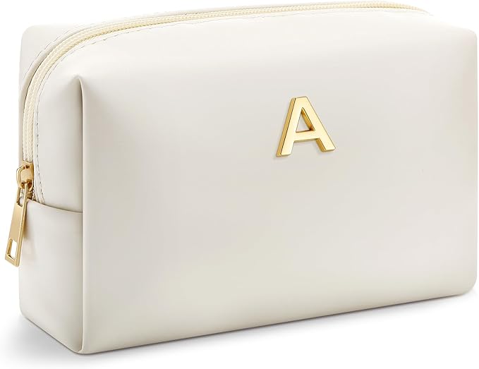Kigeli Gifts for Women Teen Girls Gifts for Bridesmaid Mom Teachers Graduation Birthday Wedding Personalized Initial Makeup Bag Beige PU Leather Monogram Cosmetic Waterproof Travel Toiletry Bag(A)